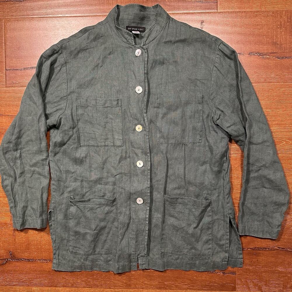 Day Space Night Button Up Overshirt Womens L Green 100% Linen Shirt Retro City